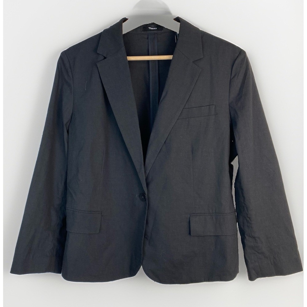 Theory Women's 12 Black Linen Blend Stretch One Button Blazer Crop Jacket